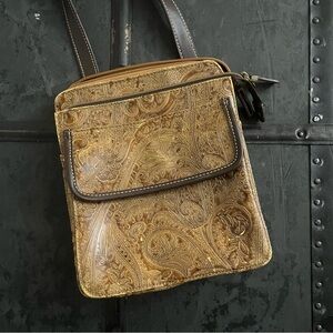 Tan and brown embossed vegan leather paisley crossbody purse
